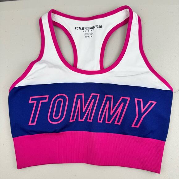 Tommy Hilfiger Sport Pink/Blue/White Sports Bra Racerback Size Medium Low Impact - Picture 2 of 6